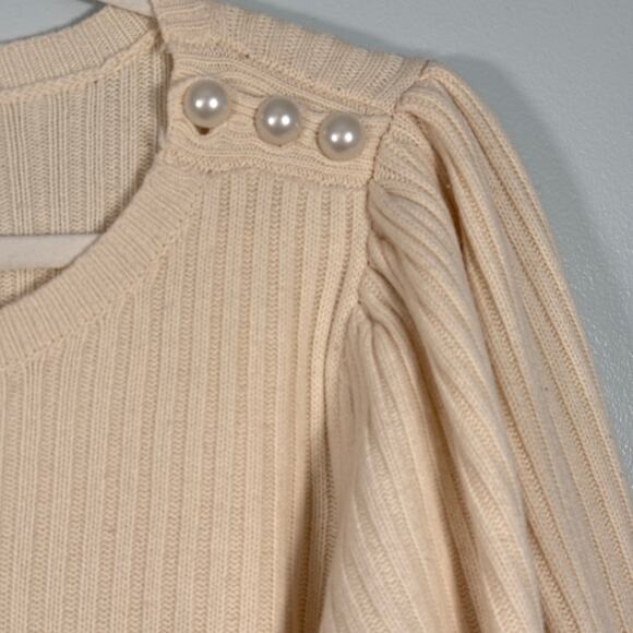 Cream Wool Cashmere Puff Sleeve Sweater Pearl Shoulder Coquette Winter Knit L - Picture 3 of 7